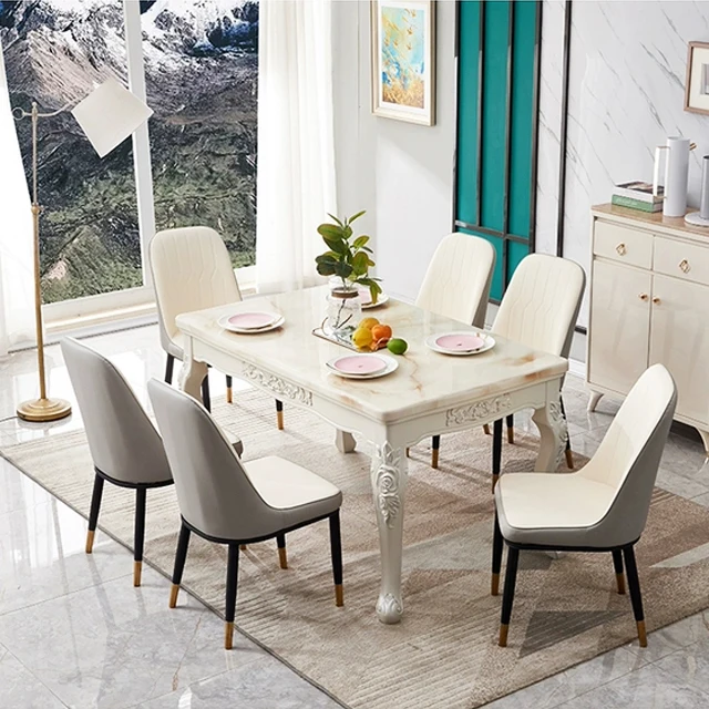 Nordic style High quality 6 seater Rectangular white marble top dining tables  sets modern tables