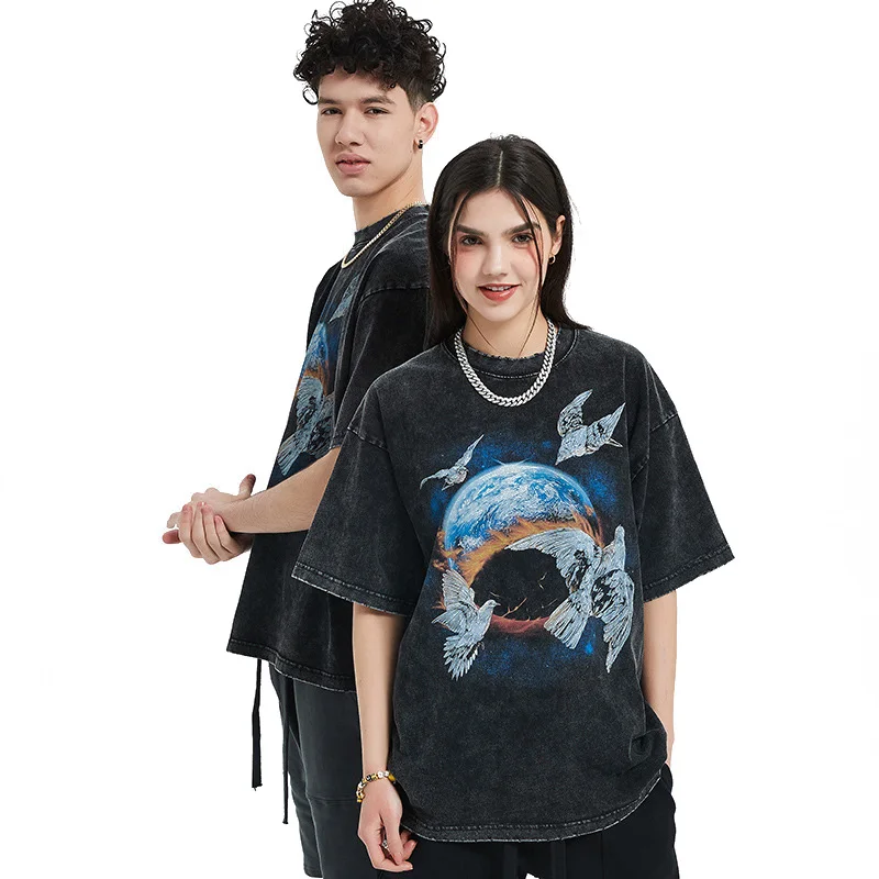 250gsm Casual Vintage Style Blank  Batik Solid Color Loose Short Sleeves Tshirt 100% Cotton Vintage Unisex Graphic T Shirt Man