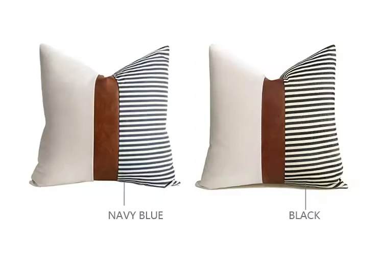 2024 hot sale custom cut and stripe vinyl pu leather canvas splicing 45x45 decorative cushion pillow cover striped cushion cover