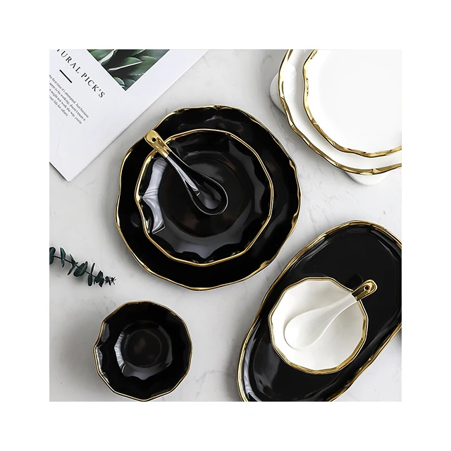 gilded edge ceramic bowl disc plate Cutlery set spoon tableware for party tableware table decorations