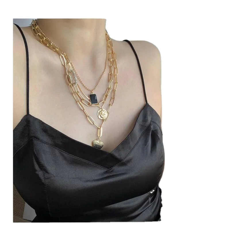 
18 k gold moon star lion pendant necklace medallion oval chain Chinese choker tiered jewelry for women and girls necklace chains 