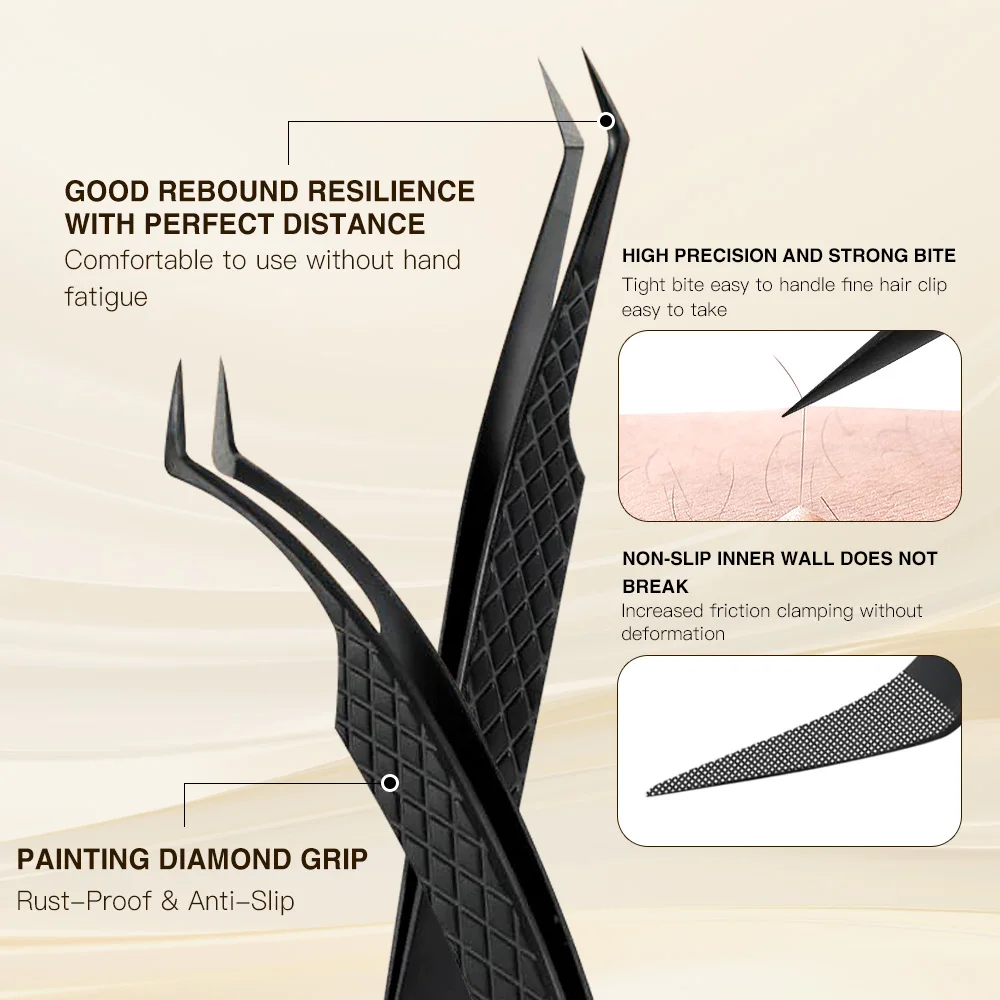 BlackLash Tweezers for Eyelash Extensions, Diamond Grip 90 Degree Fiber Tip Volume Lash Extension Tweezers,Black