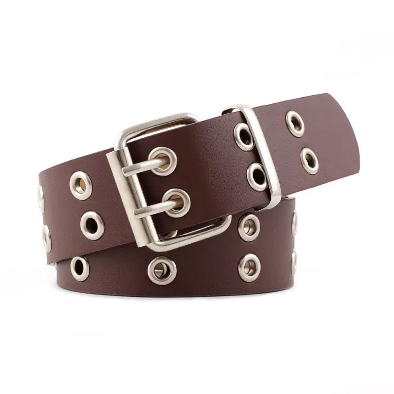 Double Pin Belt Buckle Women Designer Leather Belt With Chain PU Grommet Waist For Punk