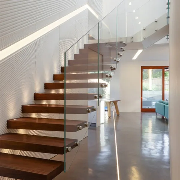 Staircase for Wooden Treads And 12mm tempered  Glass Railing of  Stringer  Stair