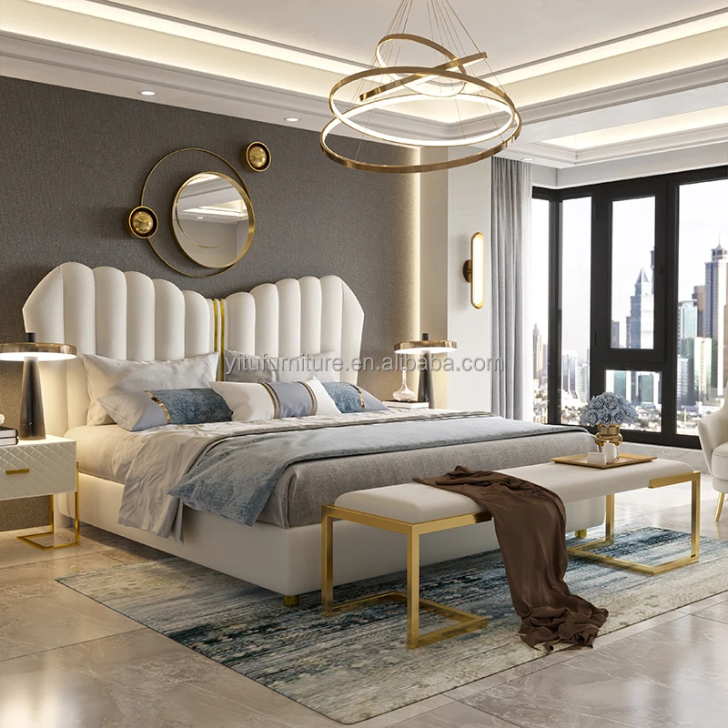 China Manufacturer double/ king/queen size metal luxury bed steel modern Style high quality bedroom furniture leather bed