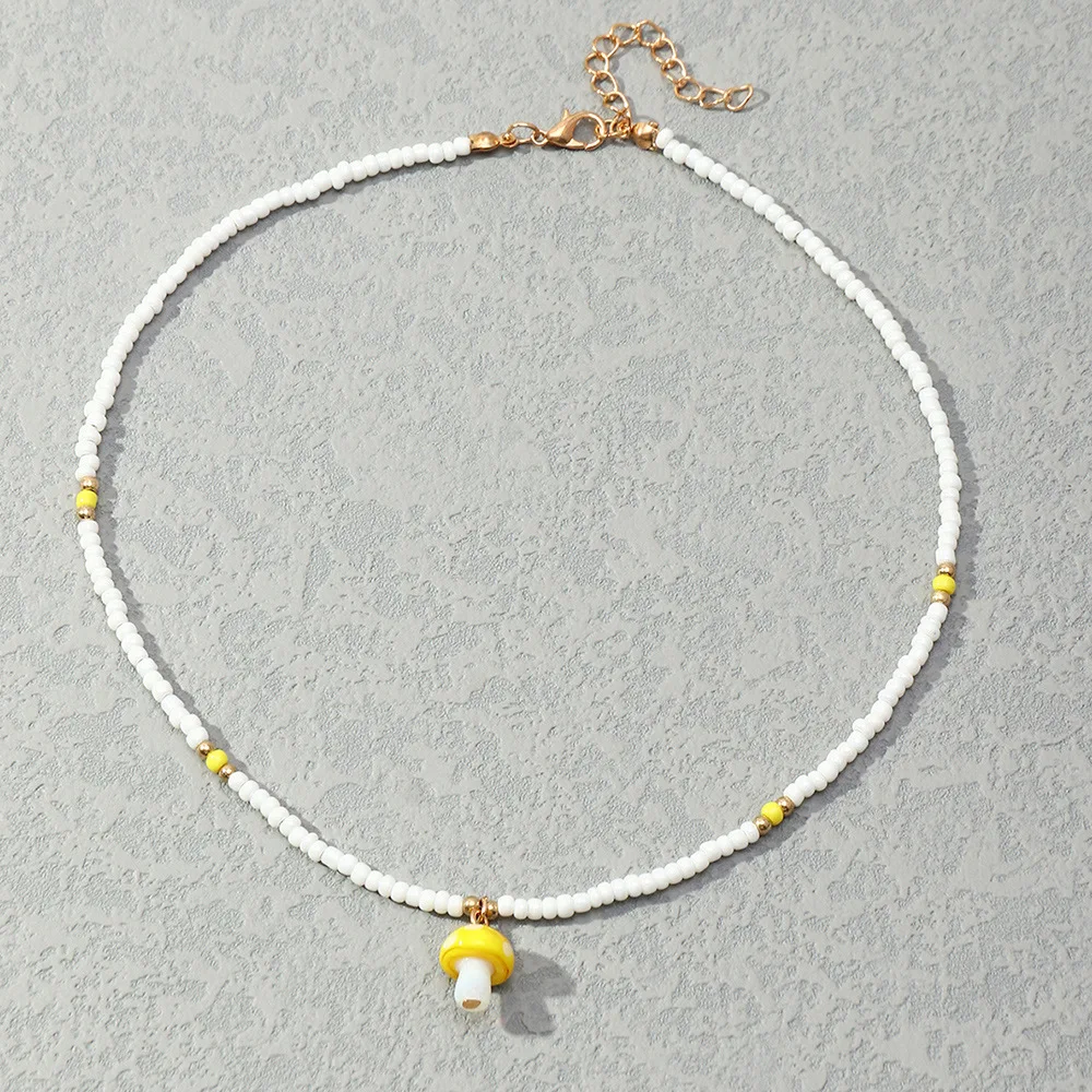 Bohemian Adjustable Choker Necklace Sweet Mushroom Seed Bead Pendant Necklace Jewelry for Women Party