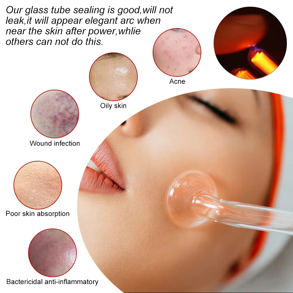 Home Spa Beauty Device Facial Therapy Wand 4 In 1 High Frequency Electrode Red/Blue Light Therapy Wand Electrotherapy Glass Tube