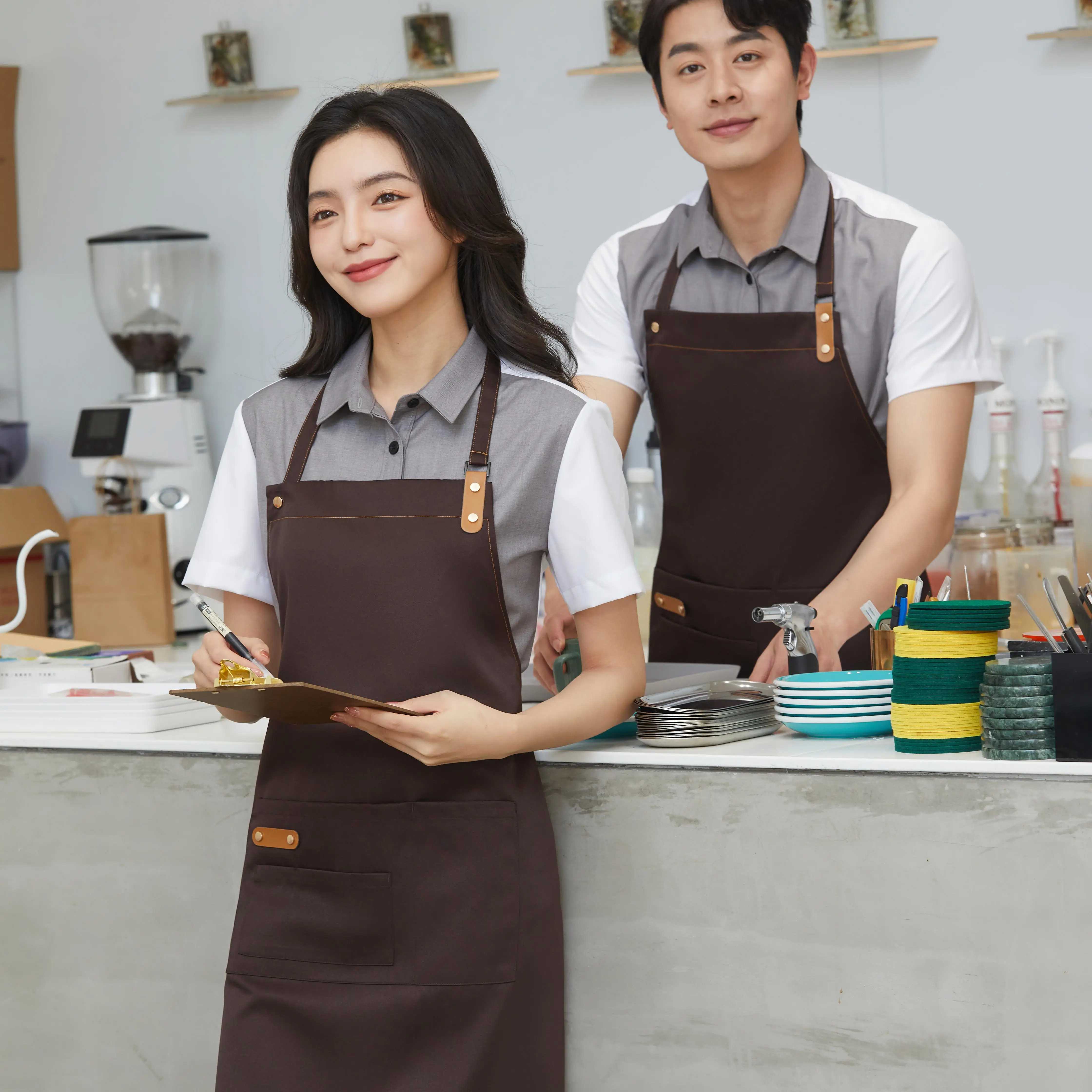 good quality many color for choose green kitchen restaurant apron for cook custom bar aprons