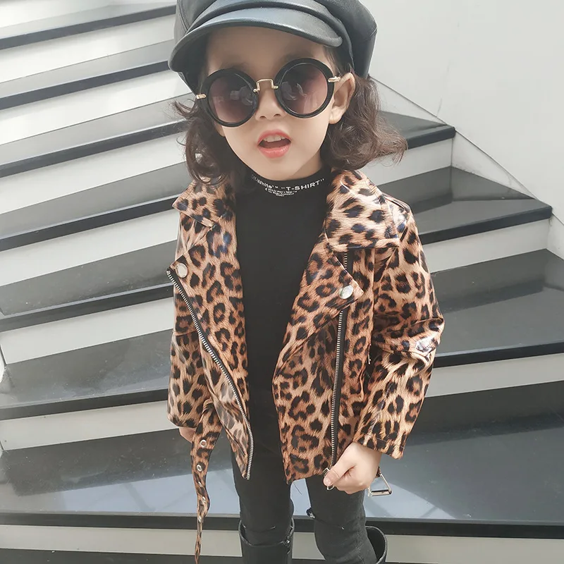 
Girl PU leather Jacket Baby Leopard Design Coat Kids Girl long-sleeve tops All Season wear 