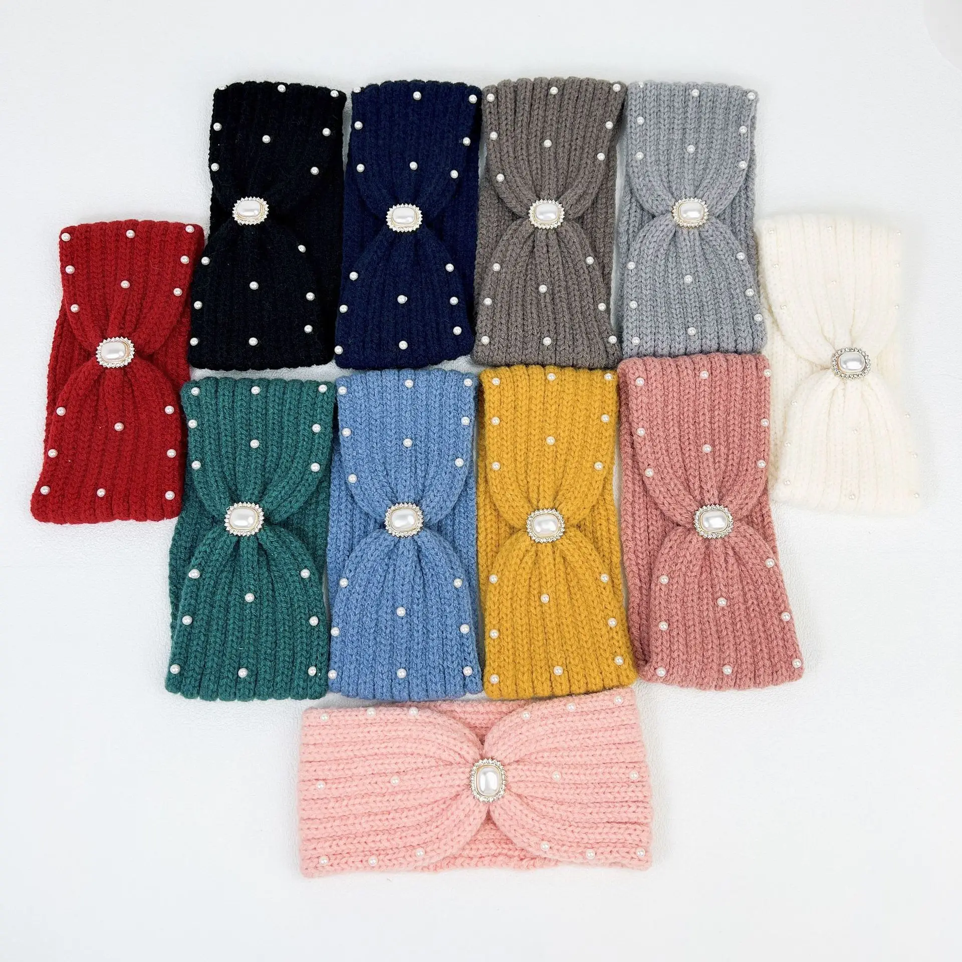 10 Colors Knitted Wool Headband Pearl Diamond Hair Band Turban Headwrap Hat Elastic Warm Headwear Ear Warmer Hair Accessories