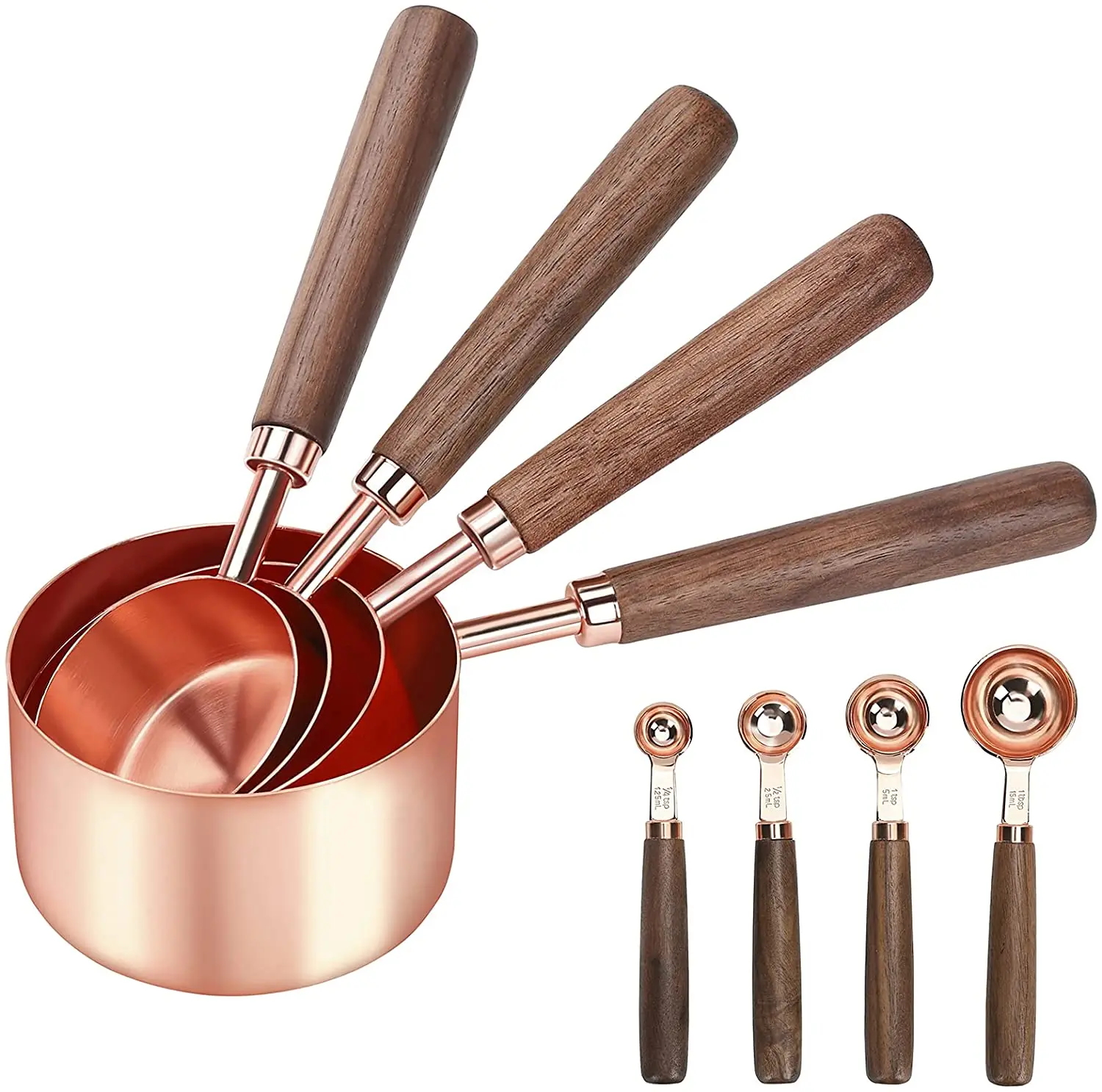 
Walnut Wood Handle rose gold stainless steel copper measuring cups and spoons set 