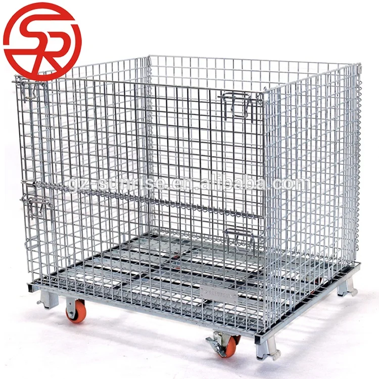 Metal folding steel pallet cage wire mesh container