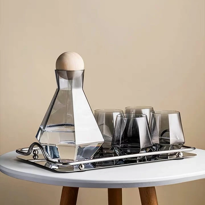 Support Drop Shipping Crystal Glass Water Pitcher Carafe Jug Set with Ball Wooden Lid and Cups Set