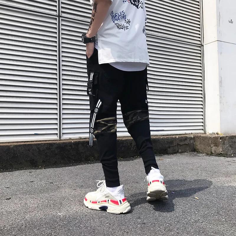 Mens custom military cargo pants printed camouflage patchwork with straps casual streetwear tapered cargo army black sweat pants