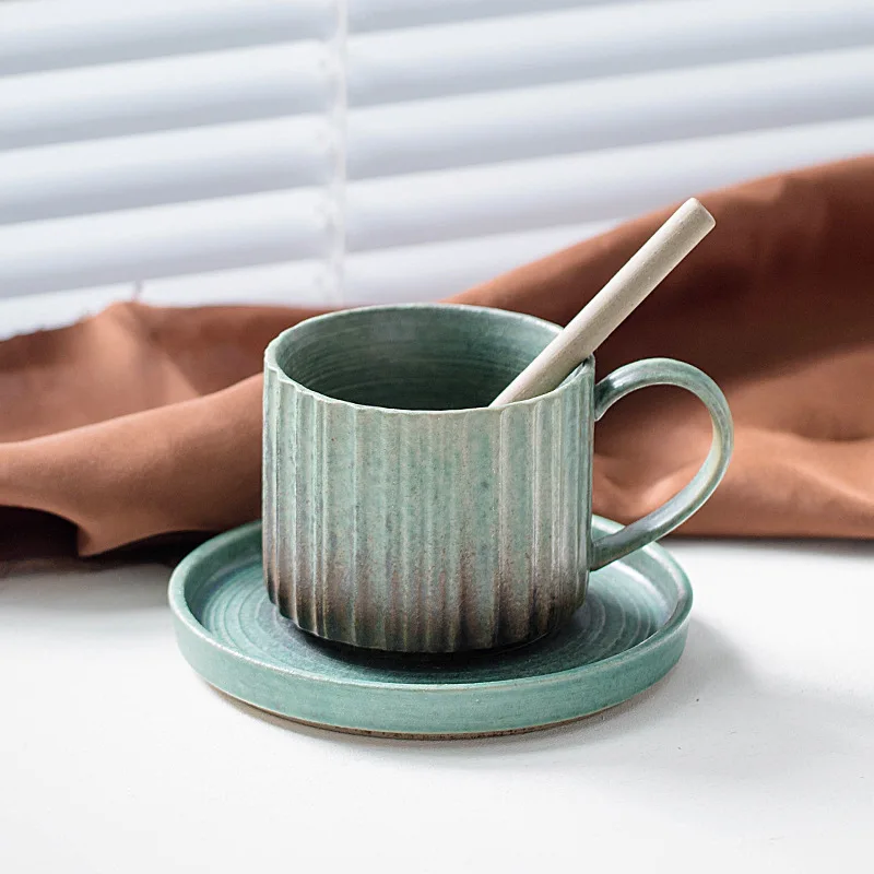 250ML Light Luxury Style Striped Coffee Mug Cup And Saucer Retro Stoneware Japanese Flowing Glaze Afternoon Tea Cup with Saucer