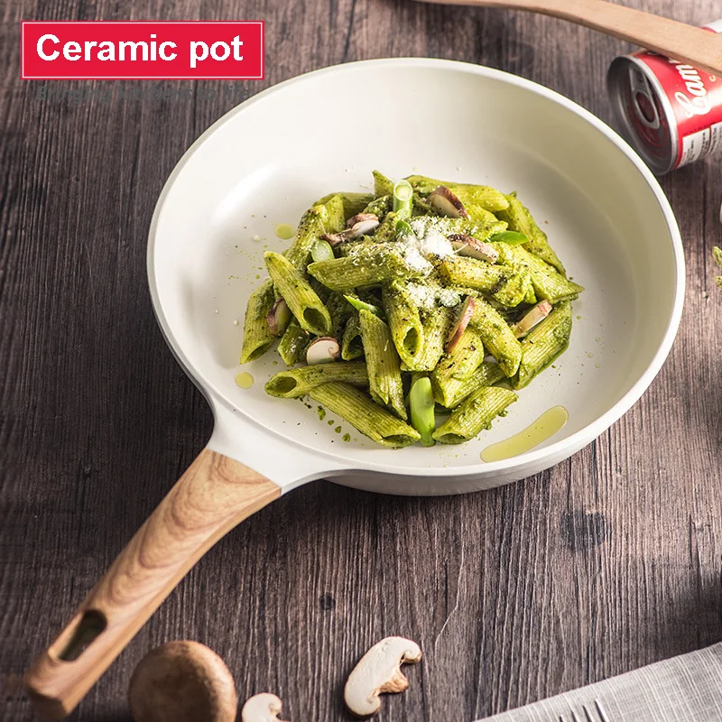 Non Stick Ceramic Enamel Frying Pan Honeycomb Wok Cookware Set Pot With Wooden Handle For Breakfast