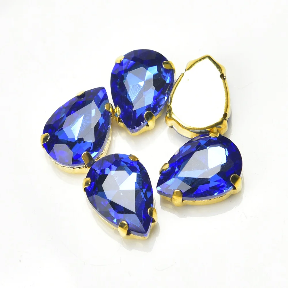 Water Drop Glass Rhinestone Gold Claw Setting Teardrop Shaped Crystal Sewing Charms Decorative Wedding Dress Jewelry Accessories