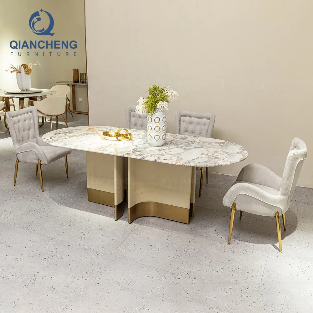modern home furniture stainless steel dining table and chair  italian rectangular gold marble dining table