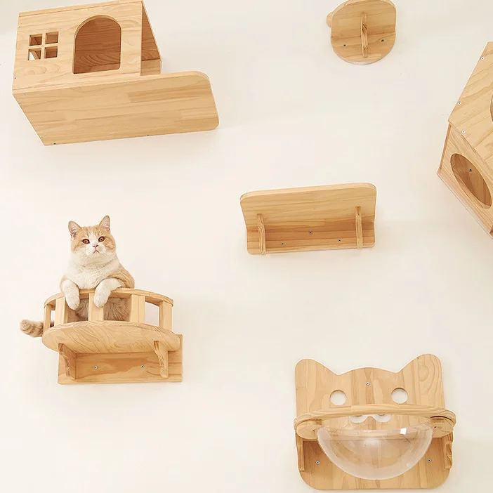 Wholesale Diy Wooden Cat Perch Wall Shelf Pine Wood Cat Climbing Frame Kitten Wall Hanging Scratching Hammock Stair Room
