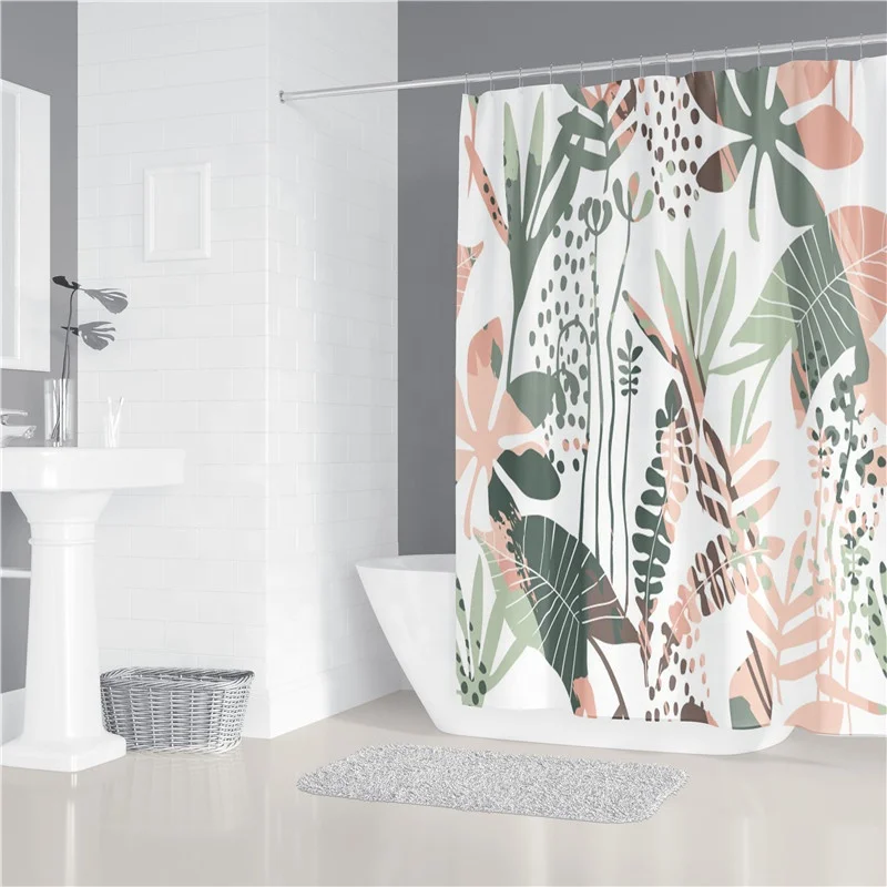 
Wholesale Green Tropical Plants Print Shower Curtain Custom Size Bathroom Curtain with Hooks 