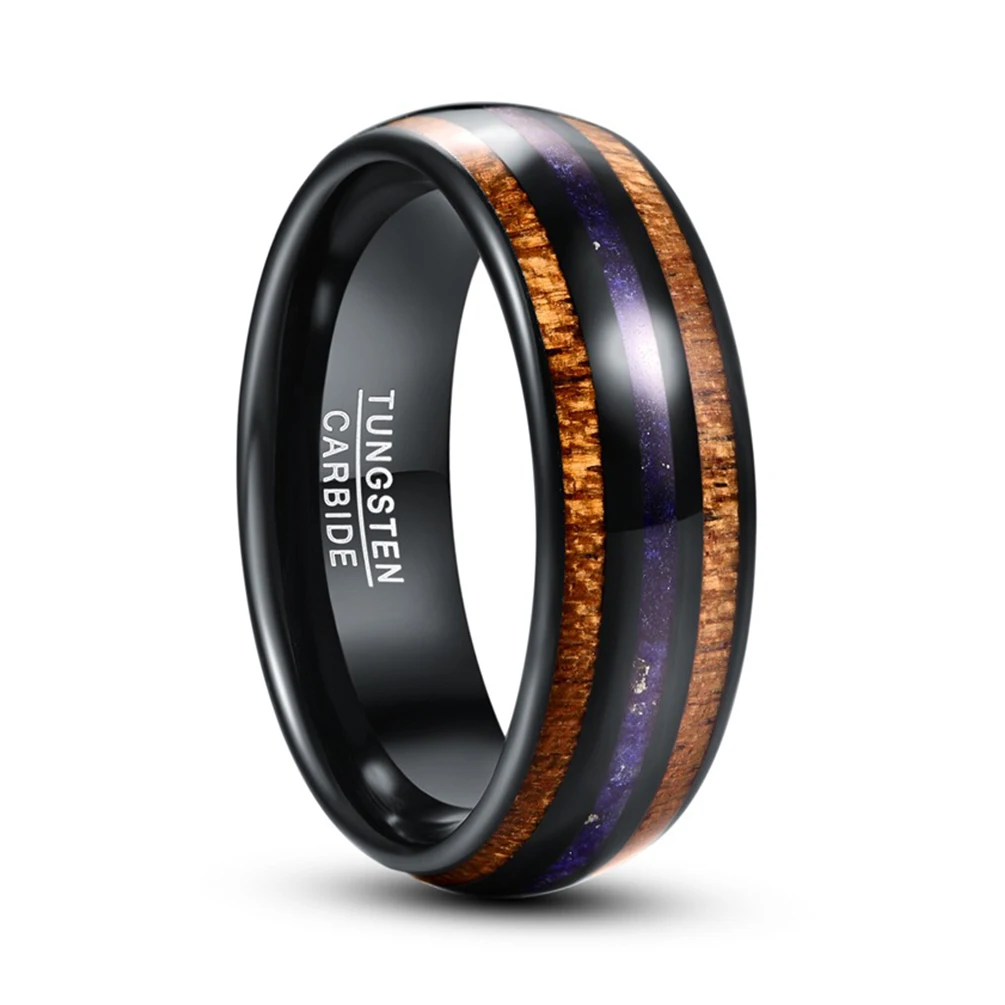 Alin Jewelry 6mm Shiny Gold Plated Tungsten Ring Hot Selling Koa Wood And Opal Inlay Tungsten Wedding Rings