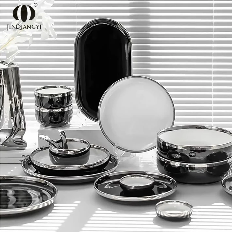 Luxury Silver Rim Ceramic Black White Dishes & Plates Dinnerware Set Household Bowl and Plate Sets Porcelain Crockery Dinner Set