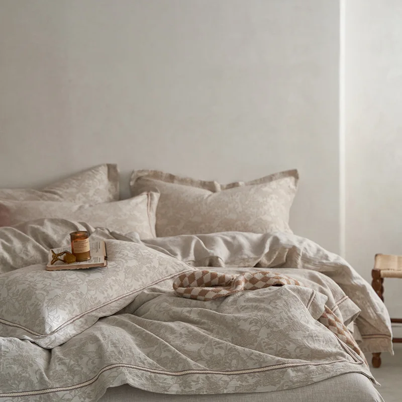 Japan Pure Linen Bedding Sets Queen King Size Embroidery Duvet Cover Flat/Fitted Sheet Bed Linen Hotel Style Home Textiles