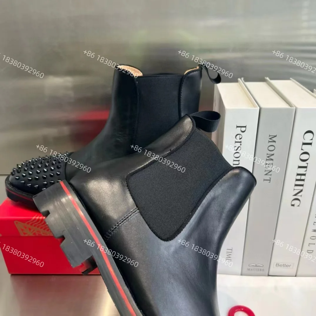 Top Quality Red Bottom Genuine Leather Designer Motorcycle Winter Ankle Boots For Men Studded Original Adult Hiking Boots