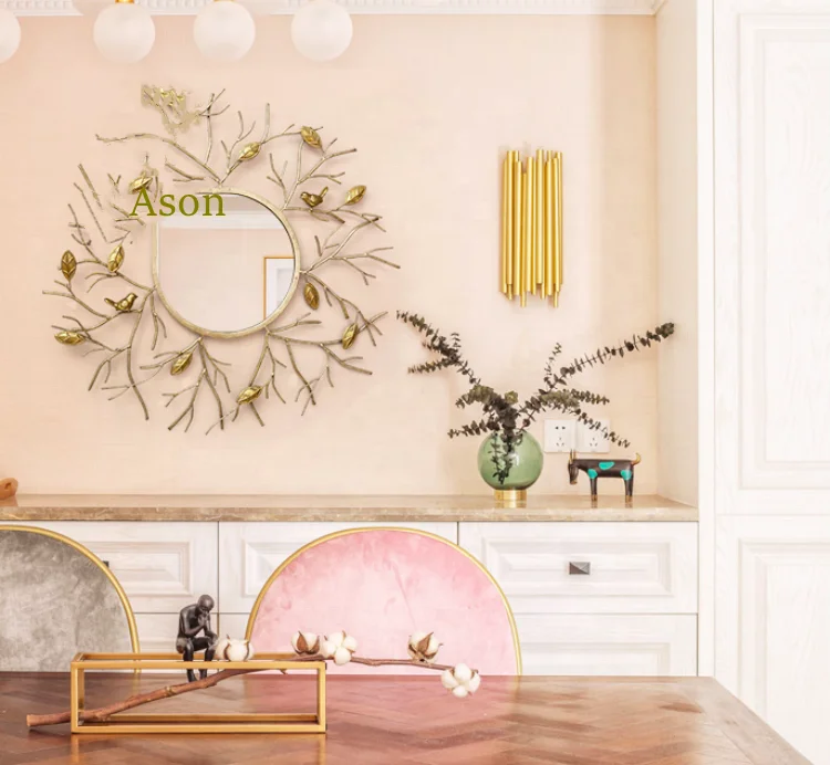 New Arrival Large Wrought Iron Wall Hanging Decorative Mirror Art with Metal Bird Hanging Hook on Hot Sale