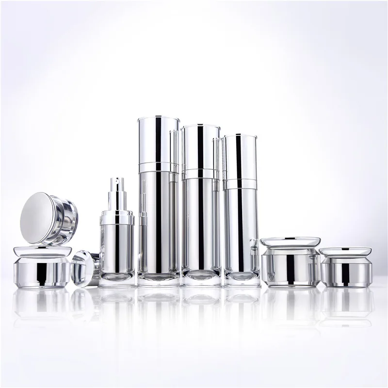 High Grade acrylic cosmetics cream jar packing 20g 30g 40g 50g set and 30ml 50ml 80ml 120ml light silver lotion bottle