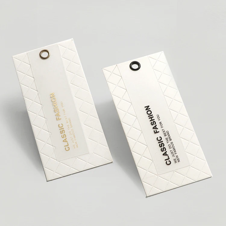 Custom PVC Plastic Debossed Pattern And Foil Clothing  Hang Tags For Clothing With Own Logo