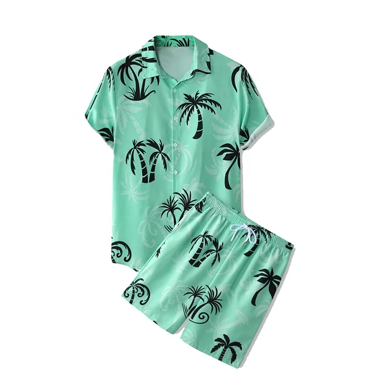 High Quality Custom all over printing summer shirt fashion garment two piece button up shirt and short set men