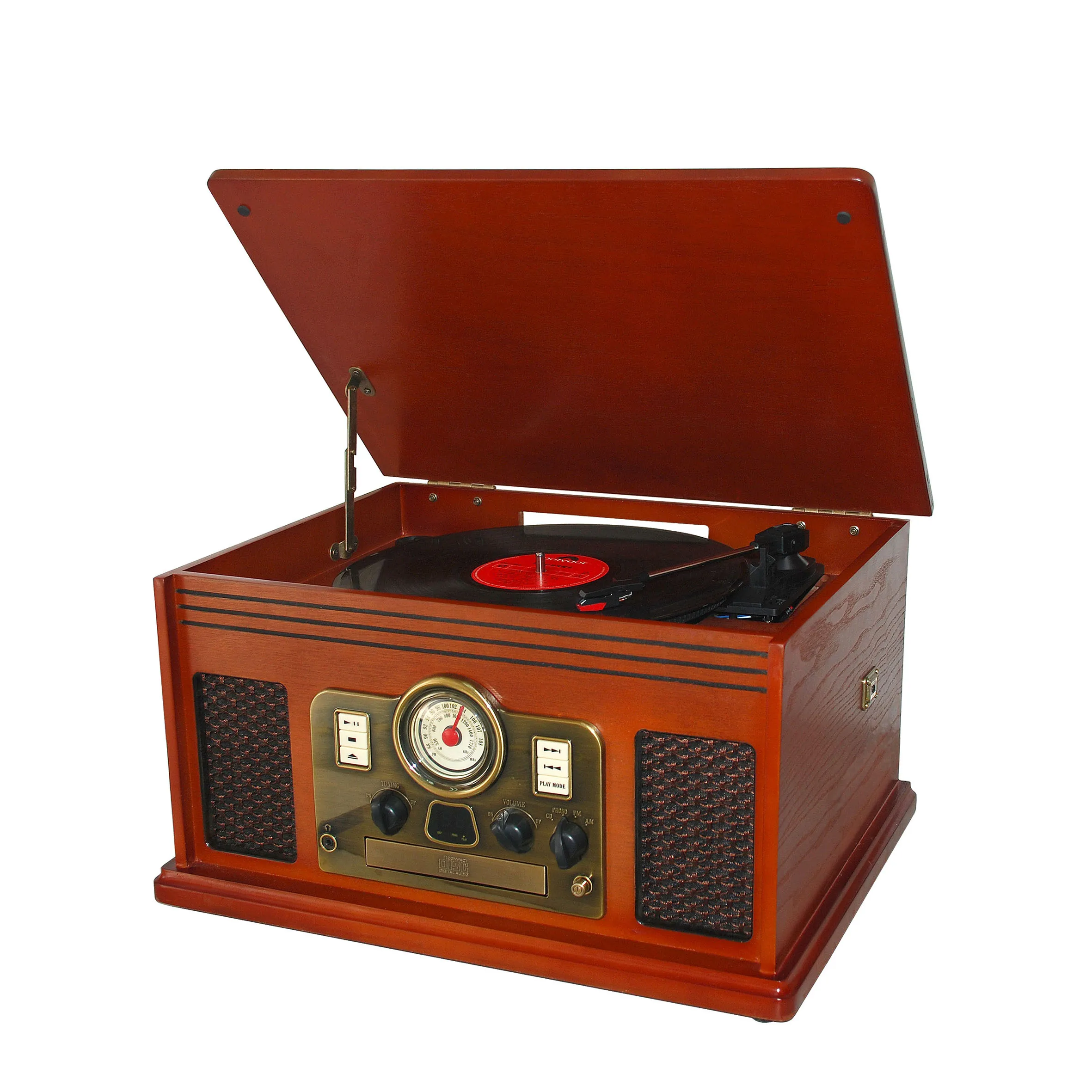 Classic retro wooden turntable  CD player AM/FM Analog Tuning music combo with Built-in Stereo Speaker