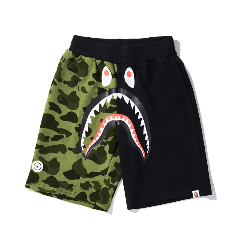 Hot Sale Shark Head Double color stitching mens sweat shorts cotton for Bape with Asian size