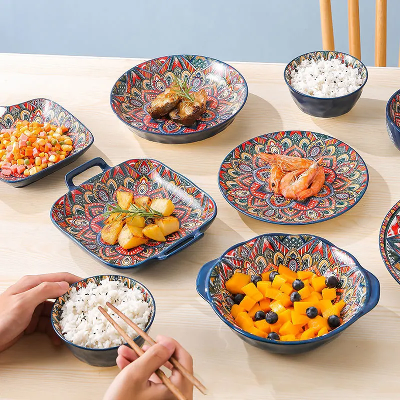 Bohemian Retro Dishes and Bowl Tableware Set Household Baking Tray Assorted Dishes ceramic Bohemian tableware Boiled fish bowl