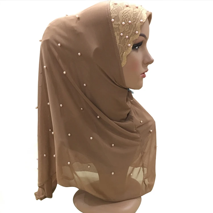
Hot sale Muslim Women Pearl Lace Instant turkish polyester hijab scarf 