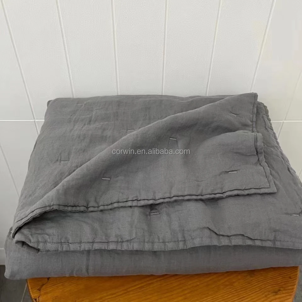 Stone-washed 100% Linen embroidery quilt Queen size high quality luxury Bedding Customized size and color Sustainable material