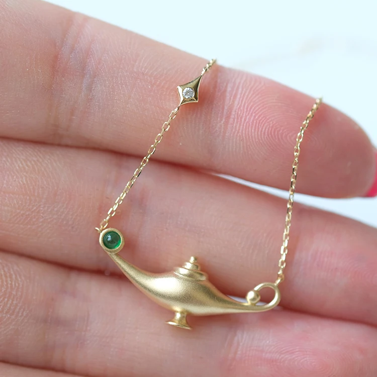 Fairy Tale Aladdin Magic Lamp Gold Necklace With Natural Emerald 14K Yellow Gold Bead Blast Finish