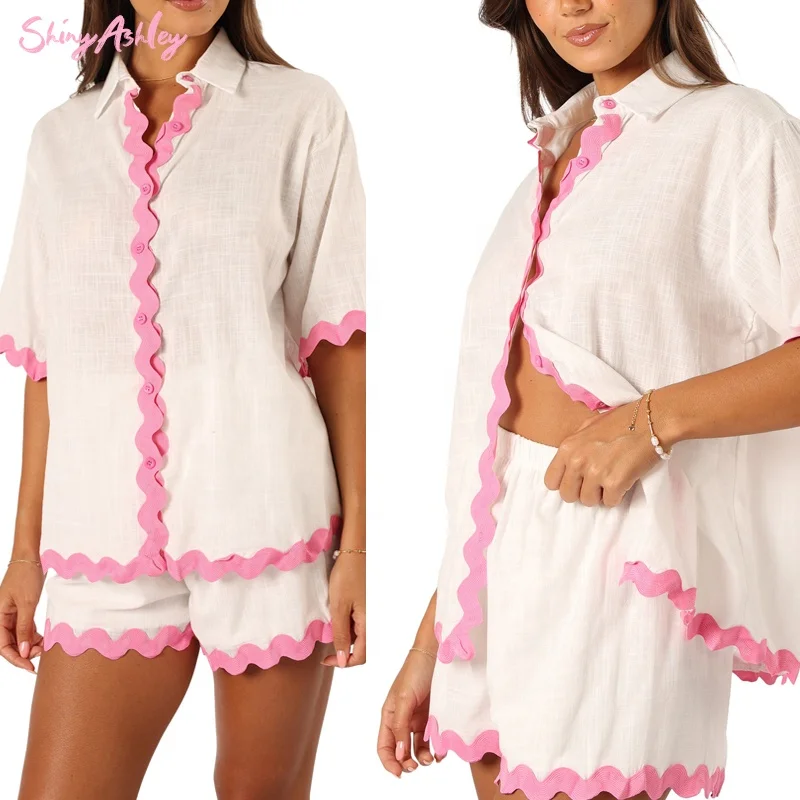 Custom 100% cotton women pajamas set  fashion short sleeve shorts two-piece set women nightgown sleepwear