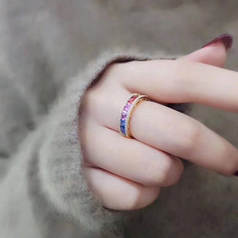 Color Sapphire Rainbow Pure 9K 10K 14K 18K Gold Jewelry Real Diamond Rings ring for women