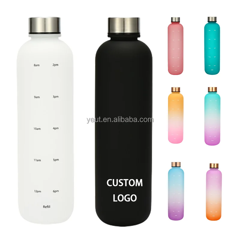 2024 Gym And Outdoor Camping Time Marker 1000ml Gallon Sports Motivational Water Bottle Frosted Plastic Water Bottle BPA Free
