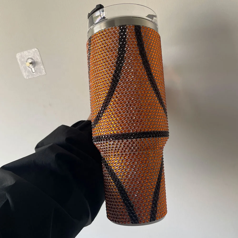 40oz Diamonds Bling Basketball Tumbler With Handle And Straw Stainless Steel Travel 40oz Football Baseball Rhinestone Tumbler