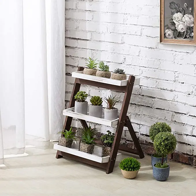Freestanding multi tier wooden plant flower stand plants shelf vintage white 3 level shelf support