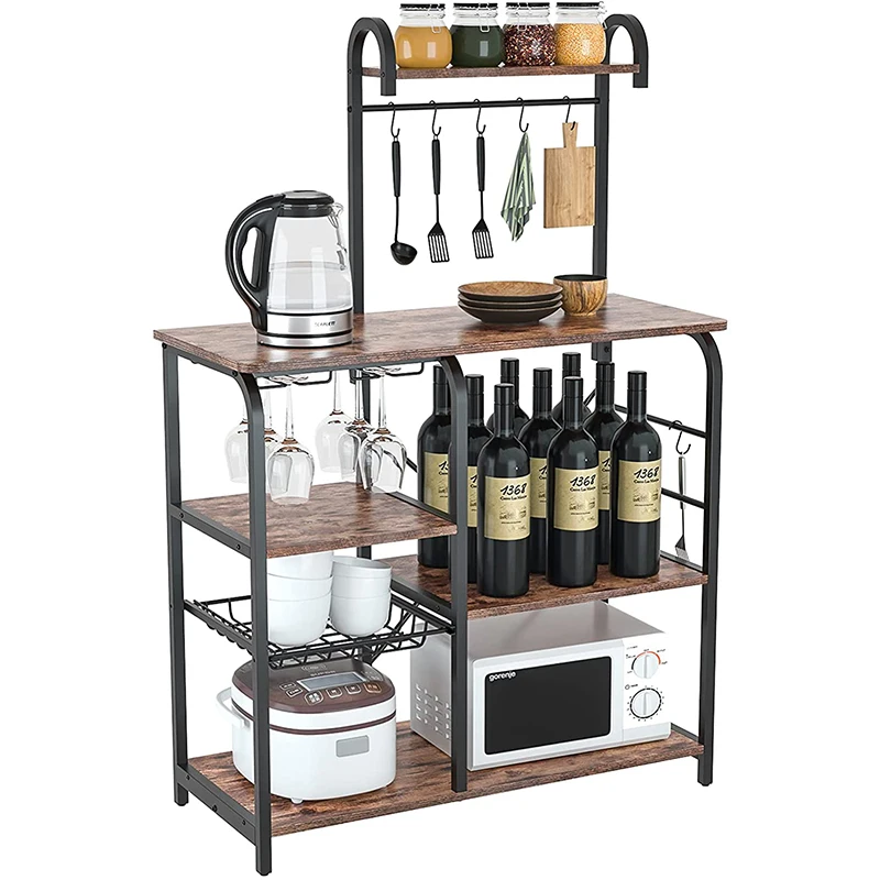 Retro kitchen storage rack, microwave rack with 6 S-shaped hooks, suitable for kitchen, office, bathroom and living room,black