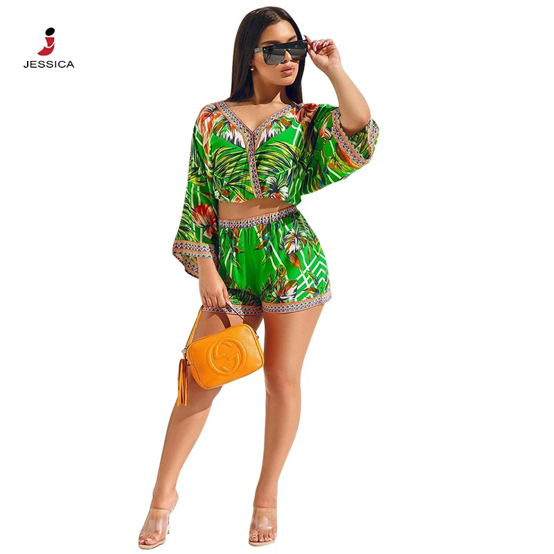 
new flare sleeve floral print boho shorts and tops two piece set women clothing 