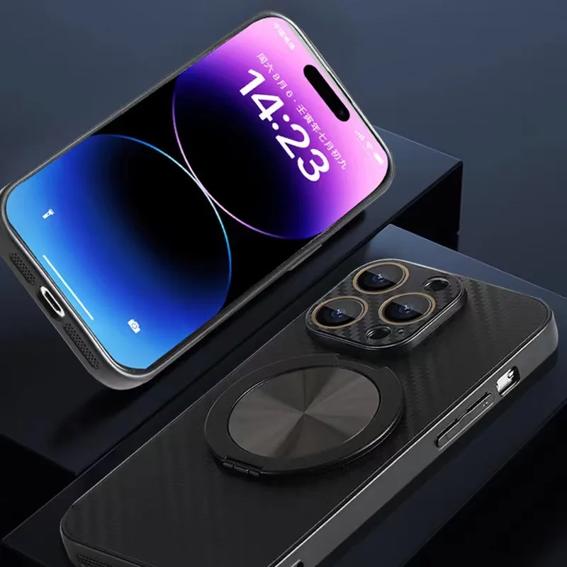 Carbon Fiber Materials Shell Lens Film Protective Phone Cover For iPhone 15 12 11 13 Pro Max 14 Plus With Holder Magnetic Cover