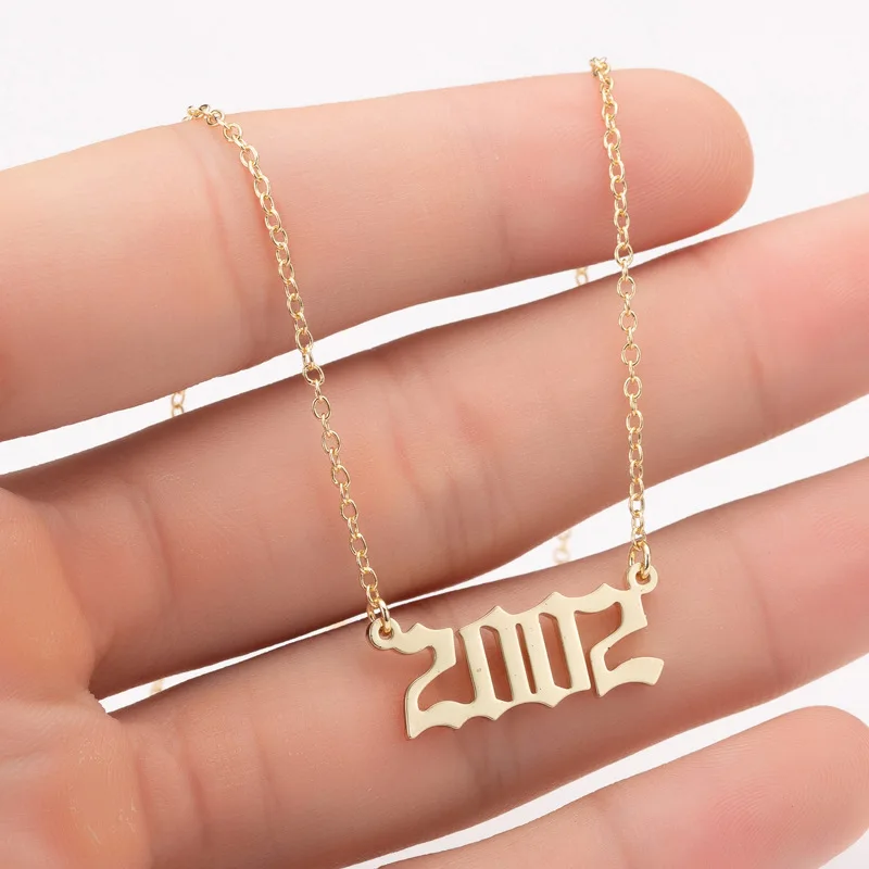 NUORO 1980-2021 Gold Plated Old English Angel Number Pendant Choker For Women Men Jewelry Stainless Steel Birth Year Necklace