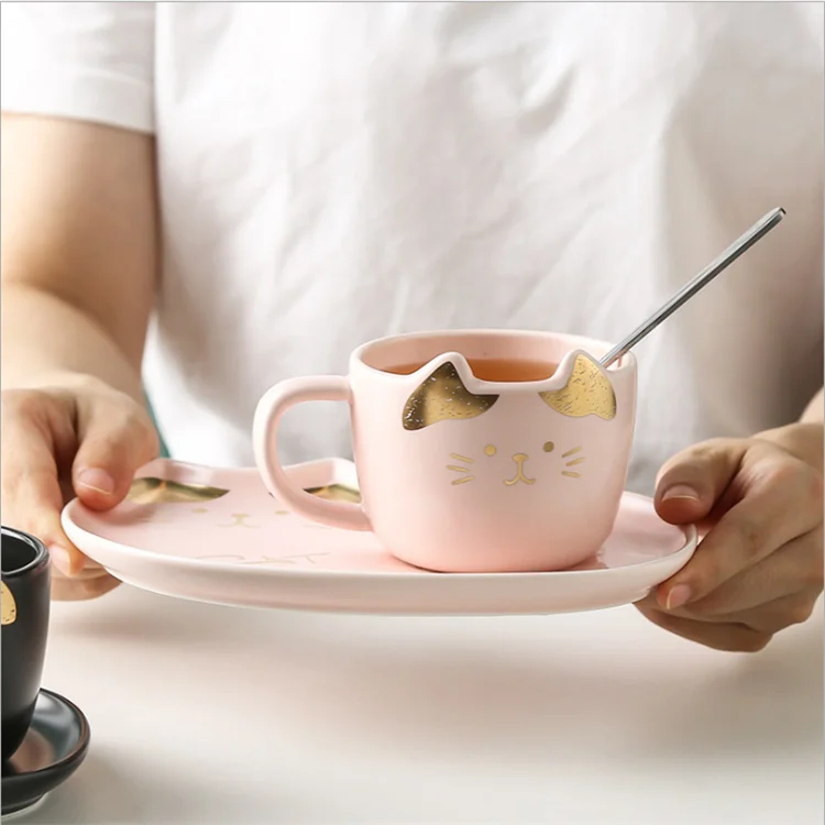 
Lovely matte kitten design coffee tea cup sets coffee ceramic mug with plate and spoon for tea time 