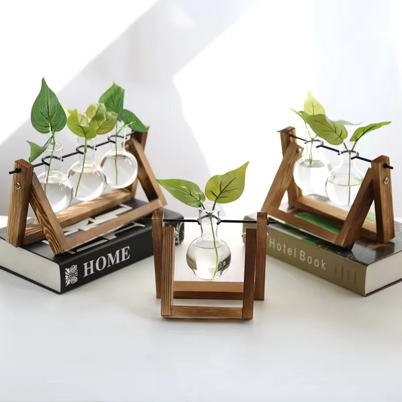 Plant Terrarium with Wooden Stand, Air Planter Bulb Glass Vase Metal Swivel Holder Retro Tabletop