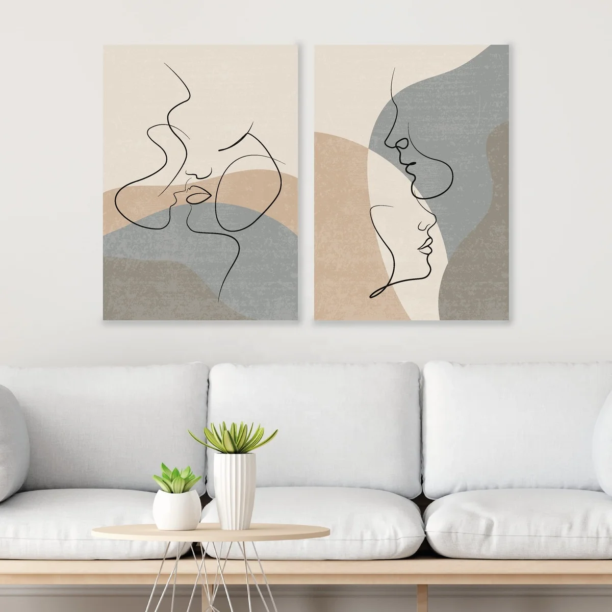 2 Pieces Abstract Geometric Lines Face Canvas Painting Boho Style Minimalist Figure Couple Lovers Kiss Wall Art Posters Printed